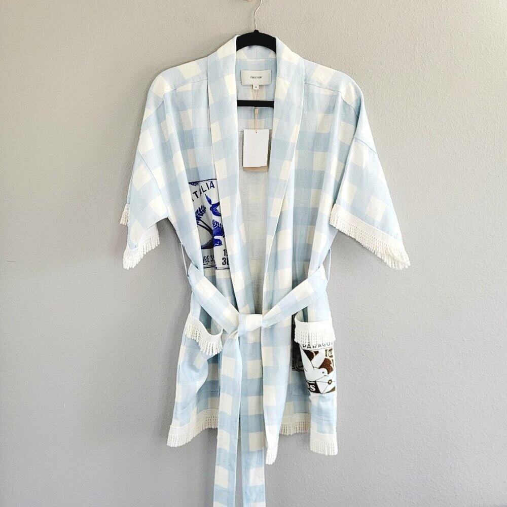 Oroton Linen Gingham Robe With Patch Pockets & Fringed Hems Blue & Cream XS